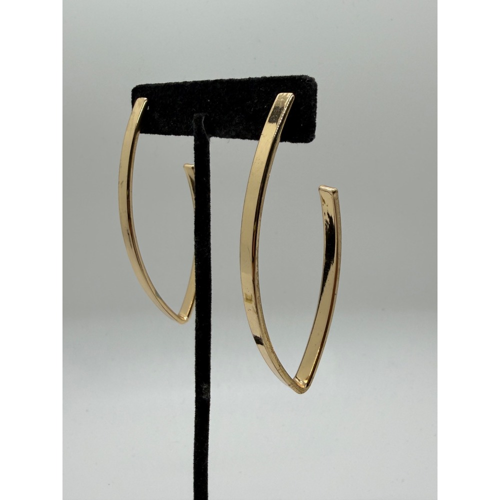 Gold Tone Elongated V Shape Geometric Hoop Earrings Modern Flat Edge Post Back